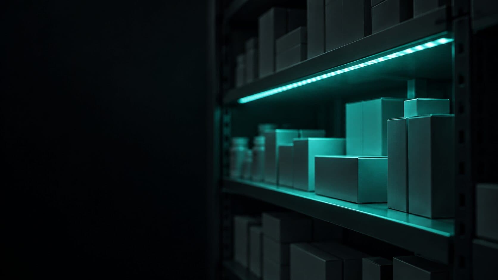 A pharmacy shelf edge lit by a cyan LED strip