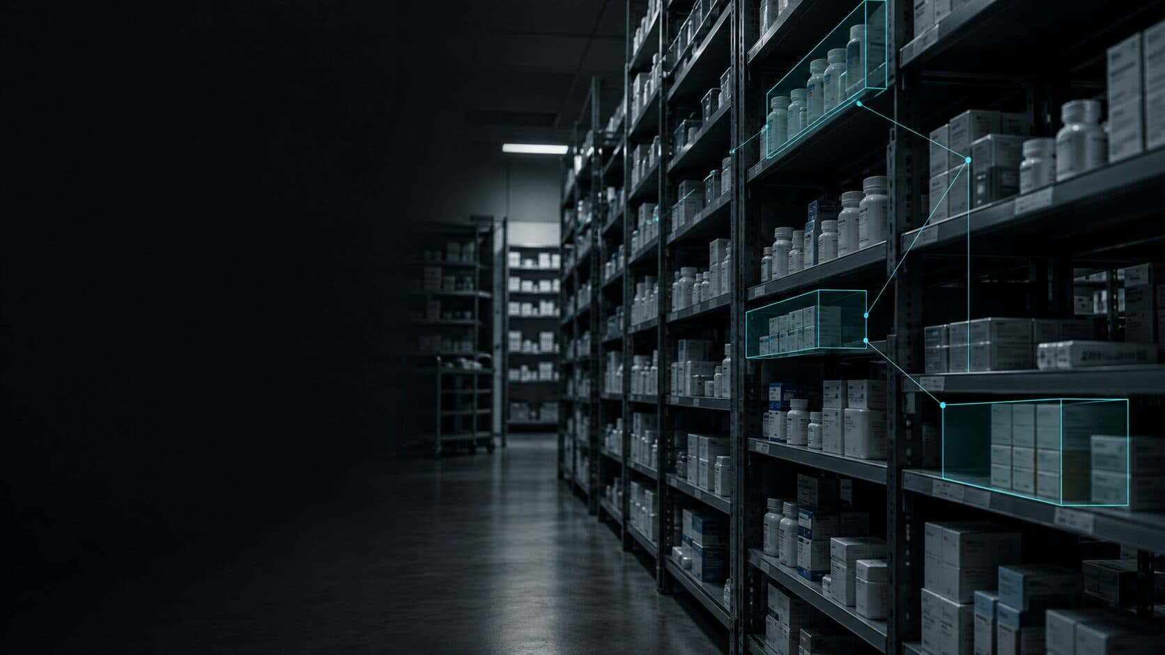 A pharmacy backroom aisle with a subtle digital location overlay