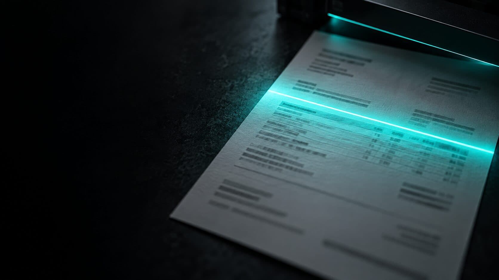 A printed supplier invoice being scanned by a cyan light line