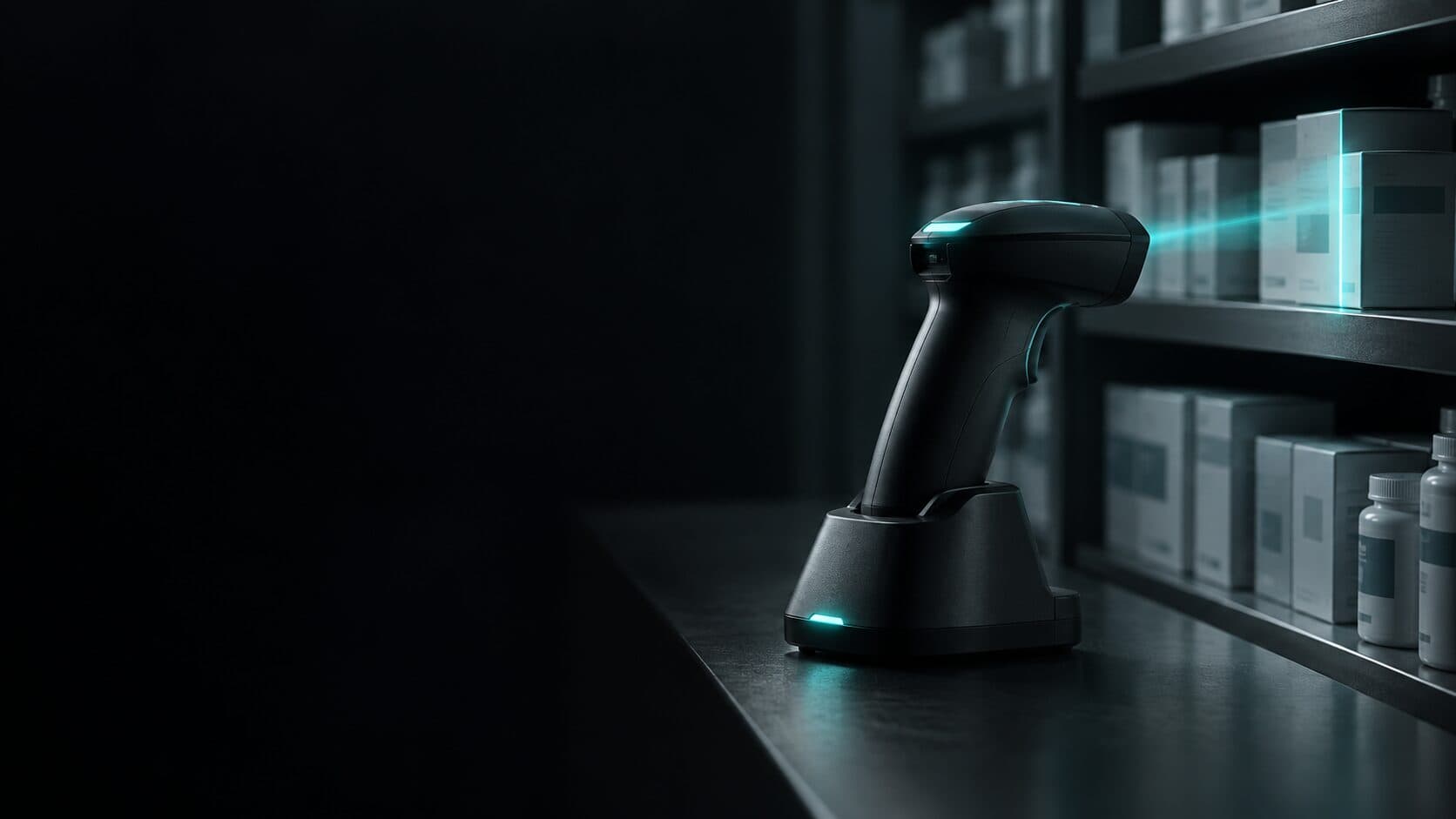 A handheld barcode scanner in its dock aimed at a pharmacy shelf