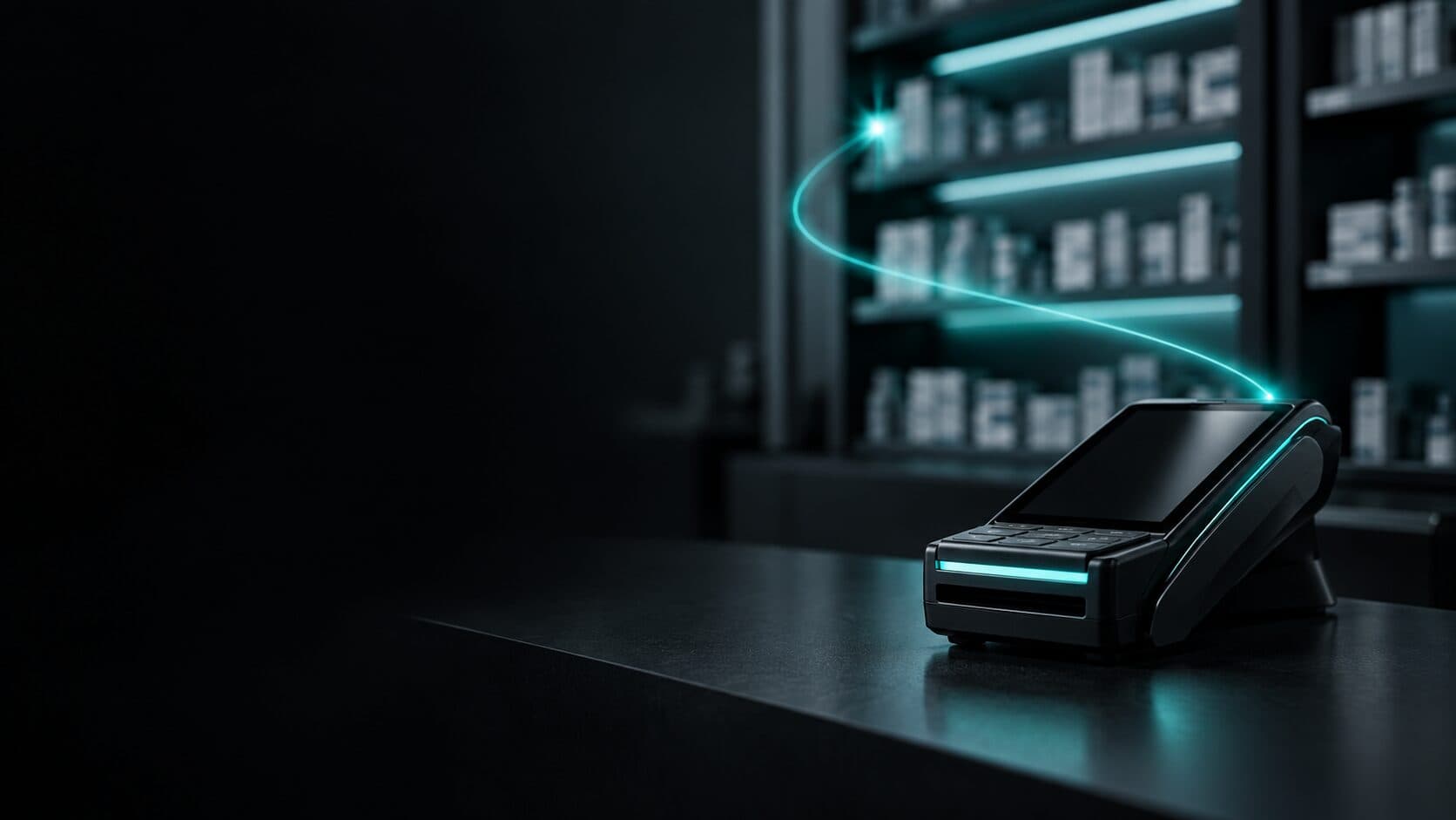 A point-of-sale terminal with a glowing light trail connecting it to a pharmacy shelf