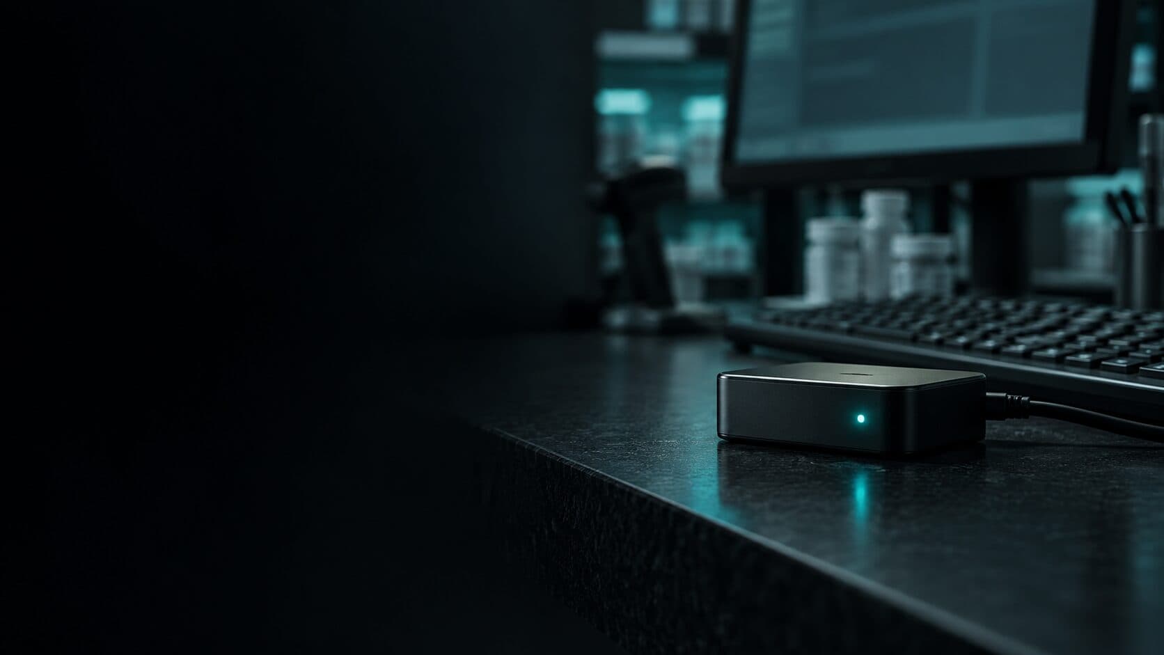 A small connected module sitting beside an existing pharmacy computer