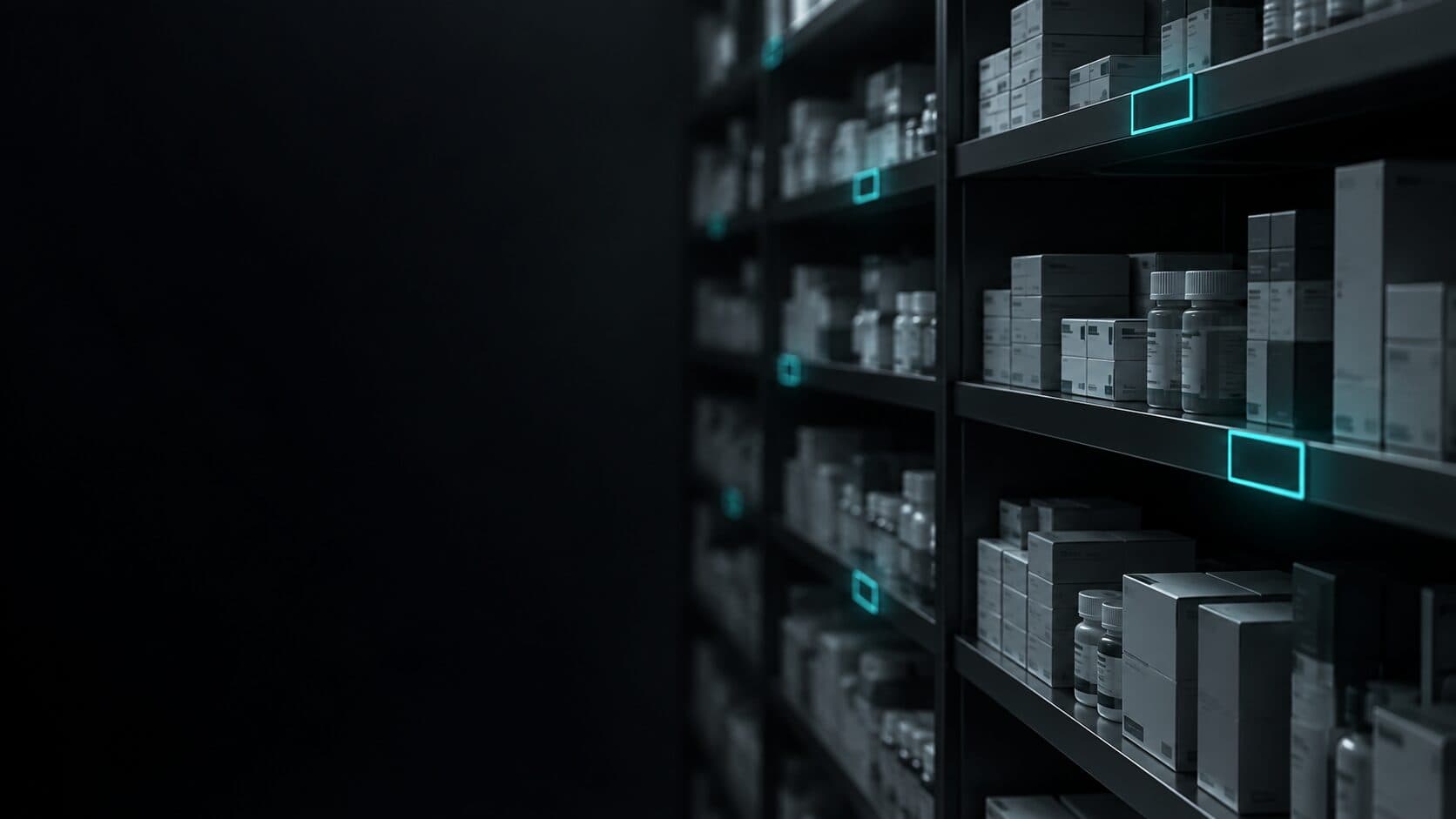A compact pharmacy shelving aisle with glowing digital location tags
