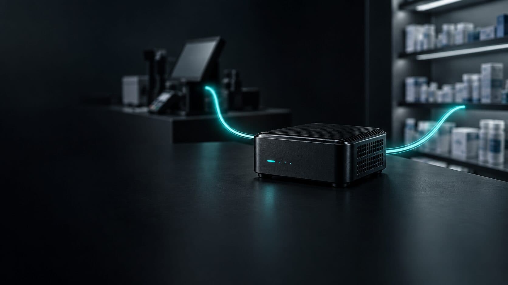 An edge device with two light trails connecting a POS system and a pharmacy shelf